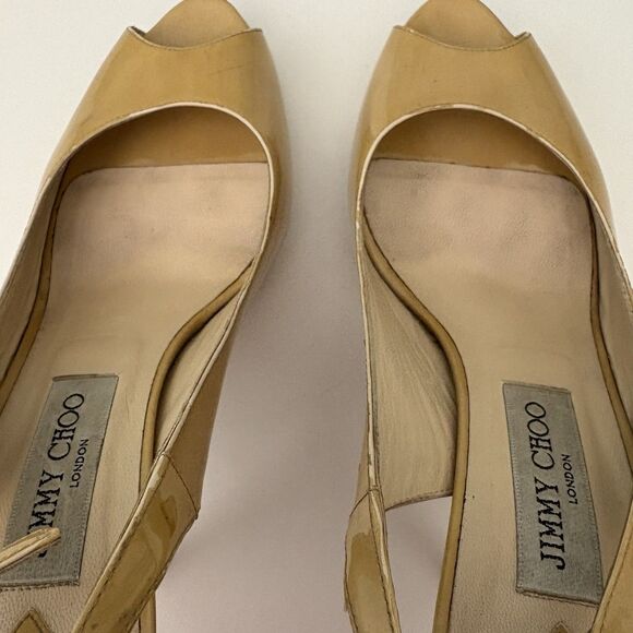 Jimmy Choo Heels Womens 39.5 Gold Glossy Leather Peep Toe‎ Stiletto Platform - Picture 10 of 11